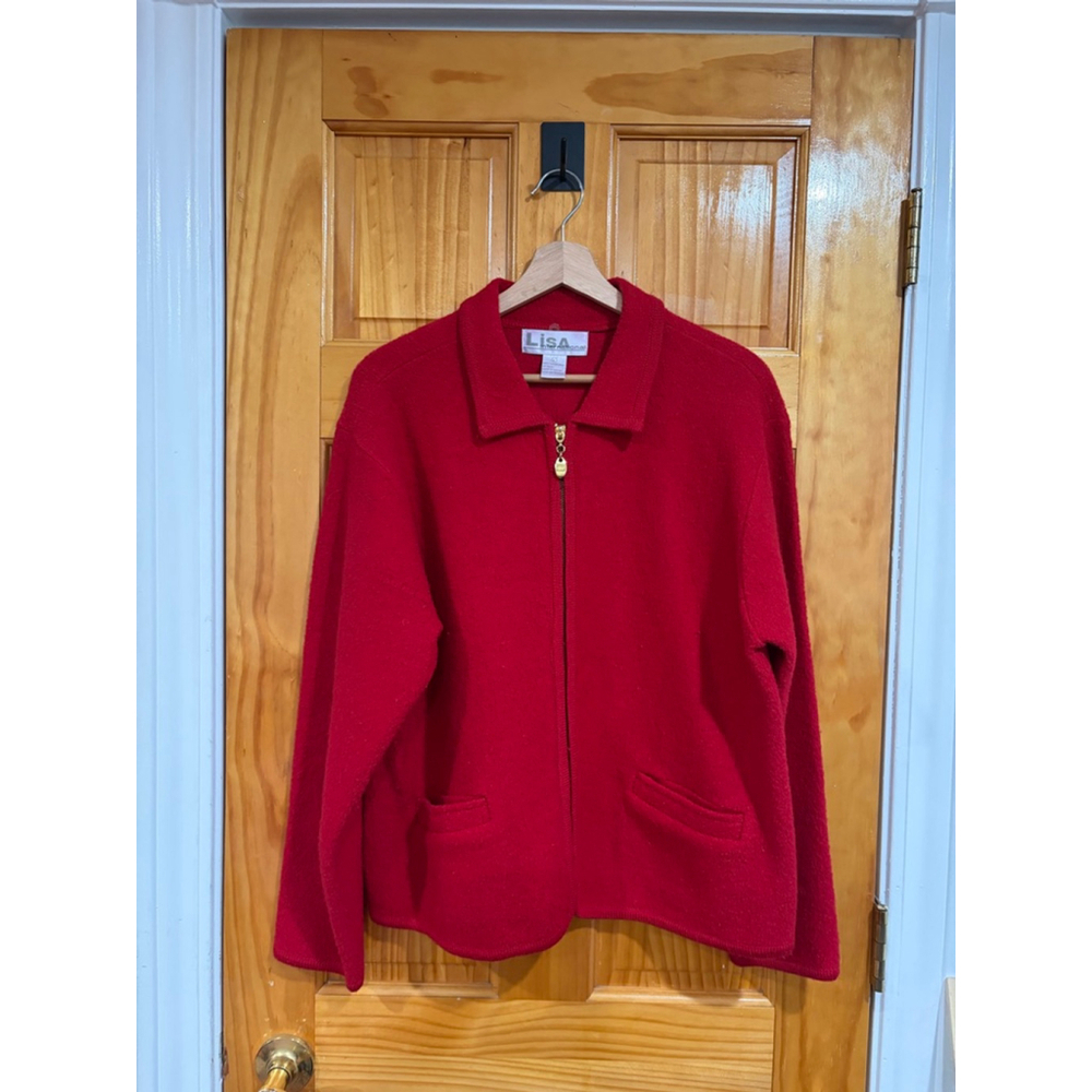 Lisa International Red Boiled Wool Zip Front Jacket Sweater Coat L